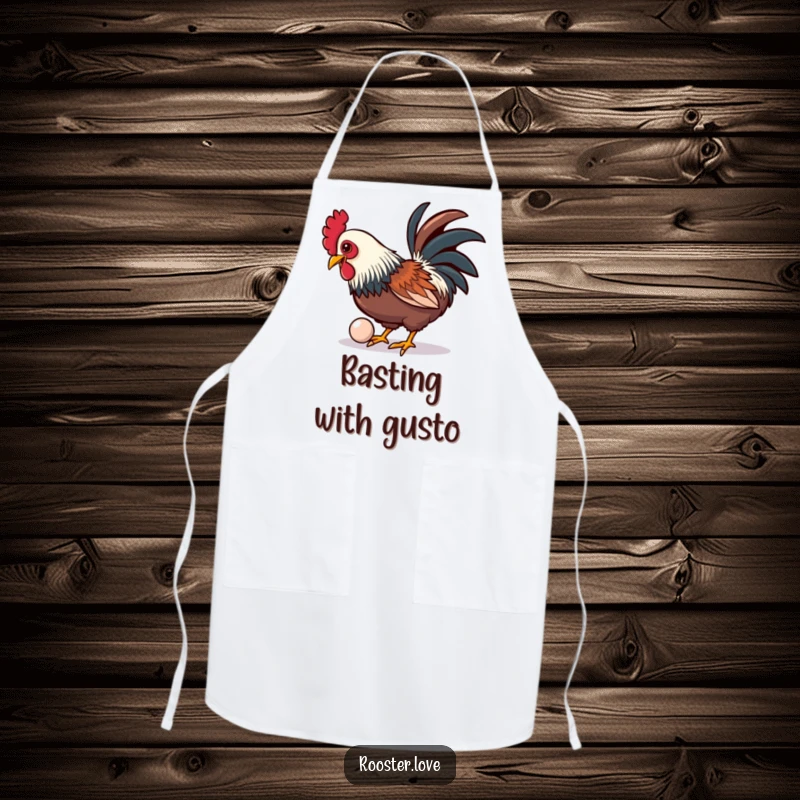 Funny apron featuring a rooster playfully pecking at a shiny, oversized button, ideal for kitchen use.