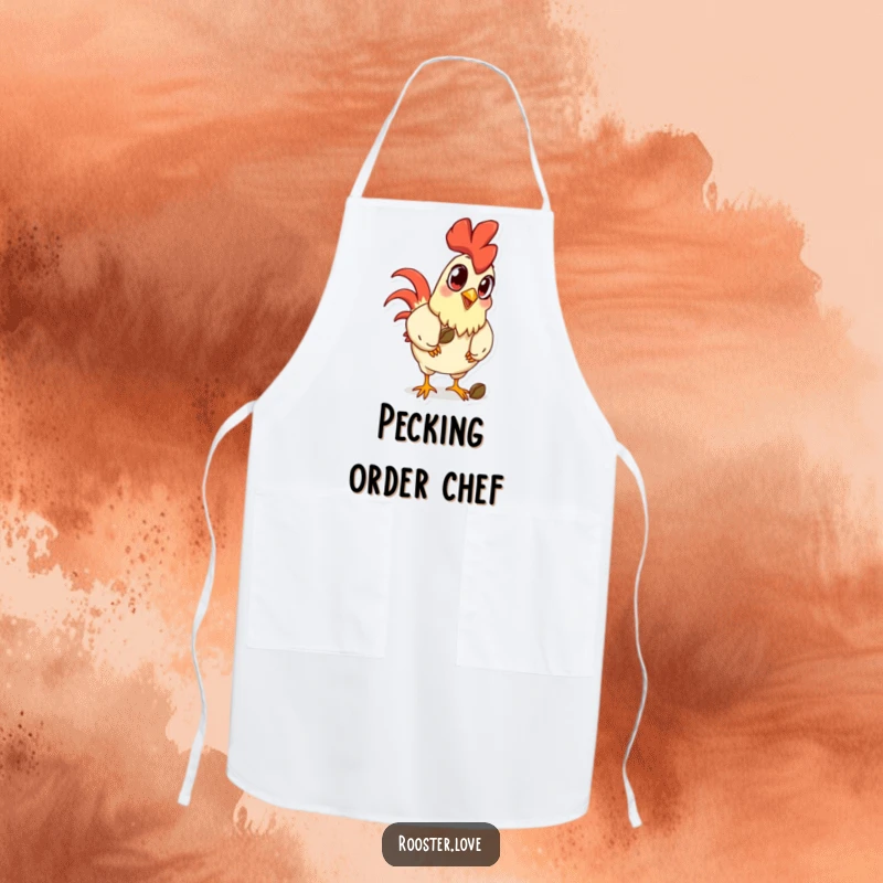 Funny cartoon rooster with exaggerated eyes, pecking a seed, on a kitchen apron for a humorous cooking experience.