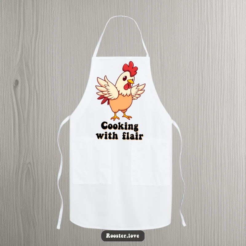 Funny rooster character flapping its wings with a happy glint, on a kitchen apron, making cooking a joyful experience.