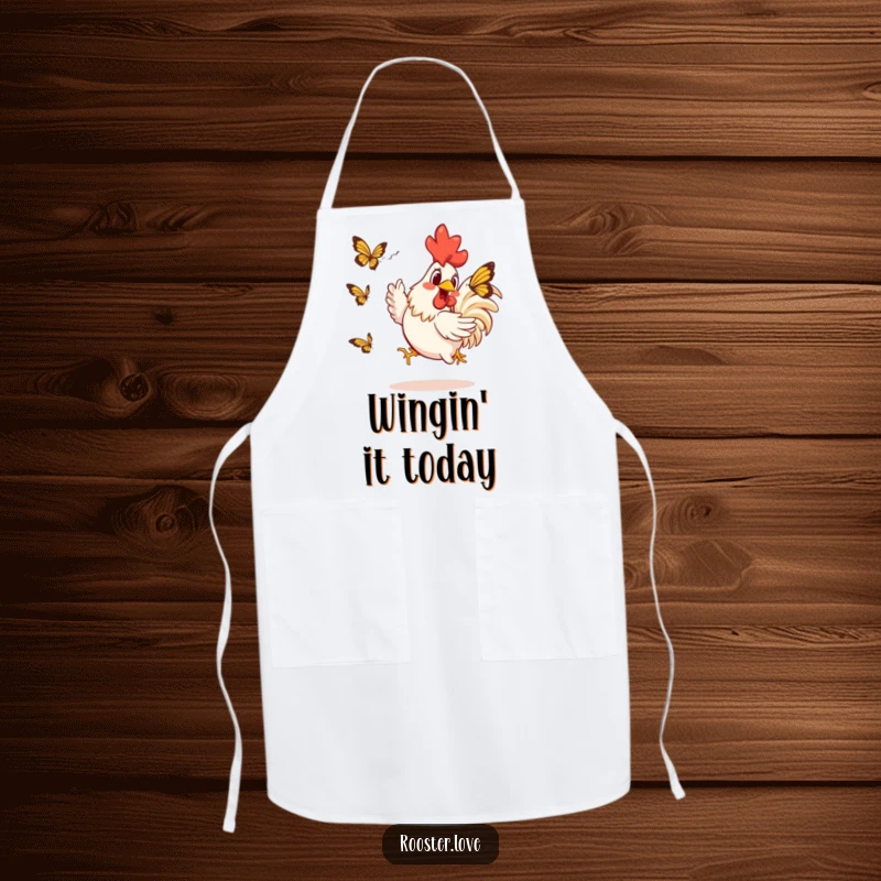 Funny Rooster Apron: A rooster comically chases a butterfly, making this funny kitchen accessory a delightful addition for cooking enthusiasts.