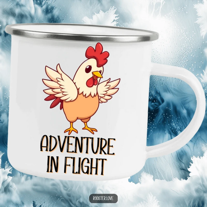 Funny rooster character flapping wings with a happy glint on a sturdy camping mug, perfect for joyful outdoor moments.