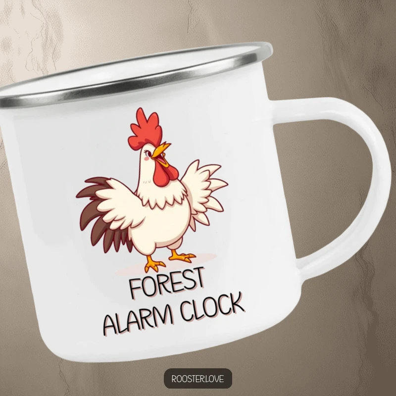 Funny camping mug featuring a rooster crowing with an exaggerated comedic grin and wide-stretched wings, for outdoor use.