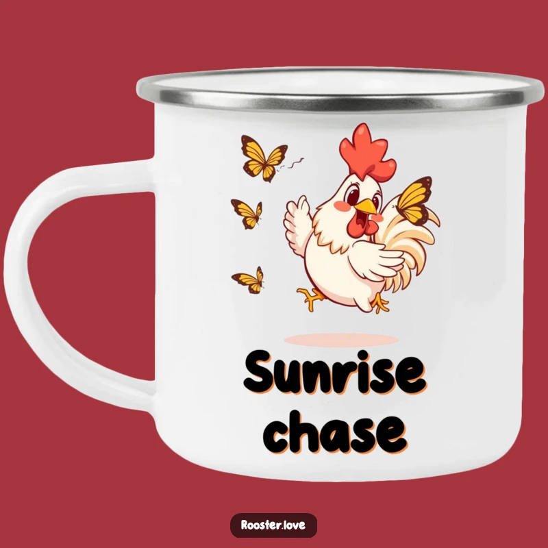 Funny Rooster Butterfly Chase Camping Mug: Fuel Your Adventures with Hilarious Morning Brews