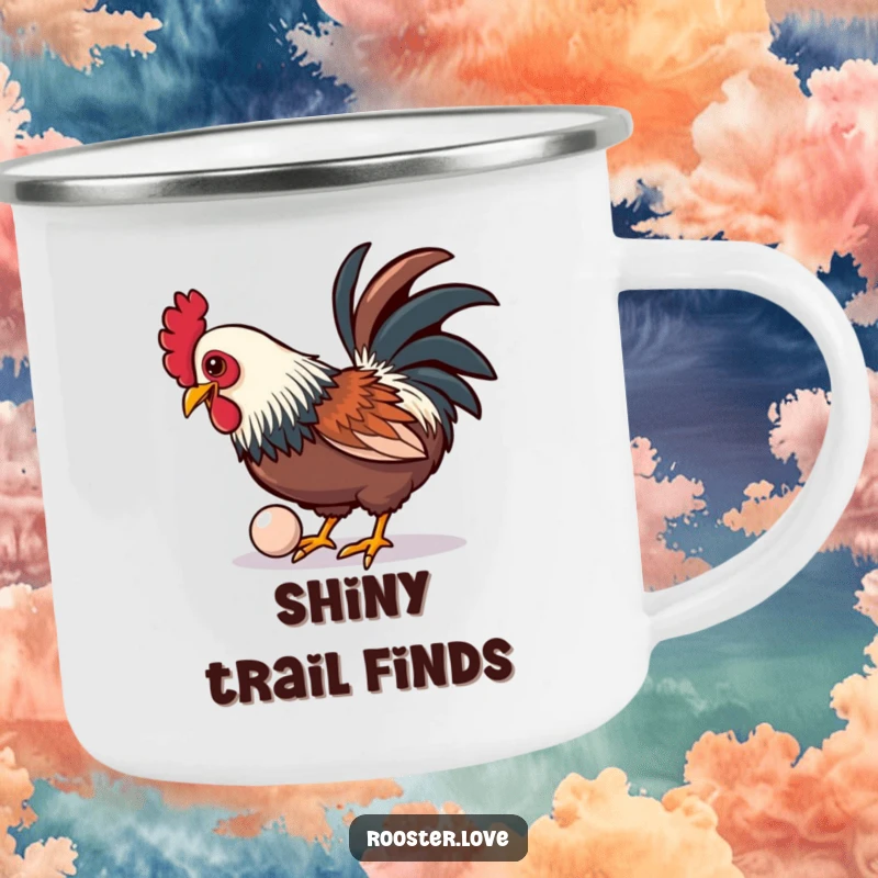 Funny camping mug featuring a rooster playfully pecking at a shiny, oversized button, for outdoor use.