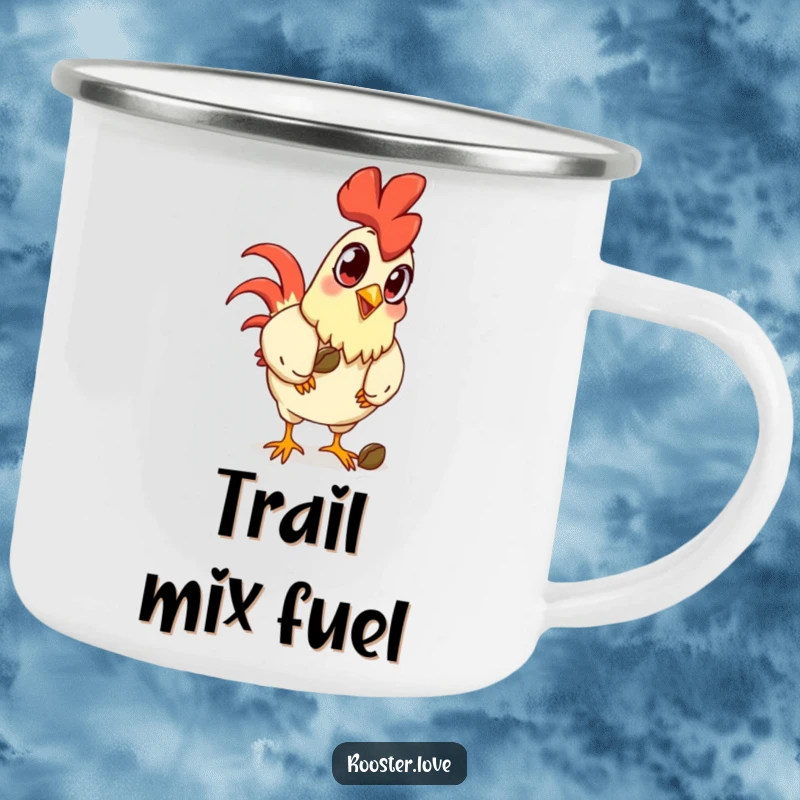 Funny cartoon rooster with exaggerated eyes pecking a seed, on a sturdy camping mug for humorous outdoor enjoyment.