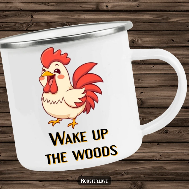 Funny rooster character letting out a joyful, wide-open beak squawk on a sturdy camping mug, perfect for loud outdoor moments.