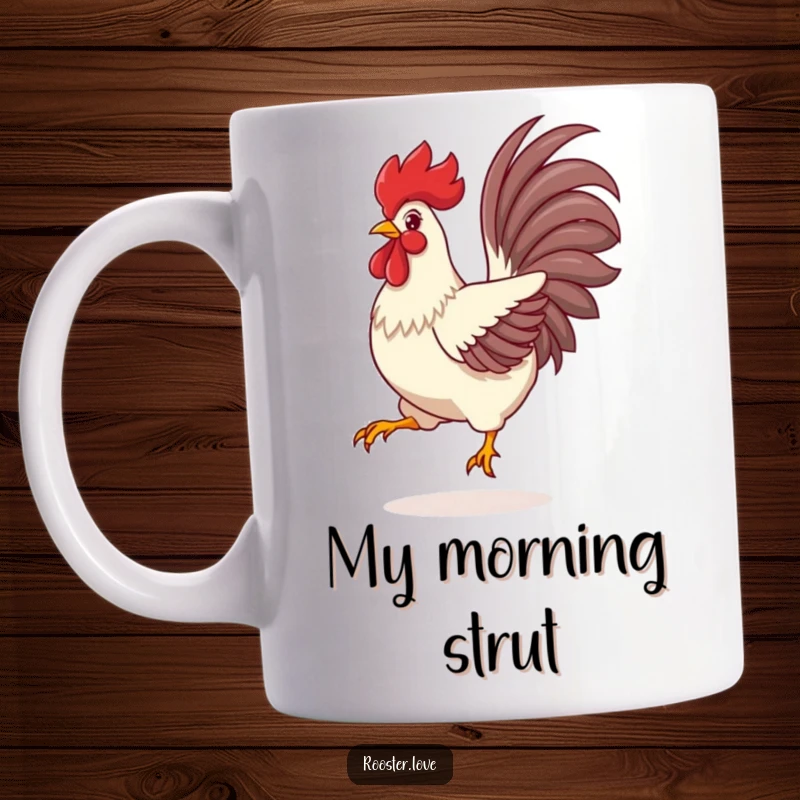 Funny Rooster Mug, a proud rooster mid-leap with vibrant tail feathers spread wide, full of energy and humor.