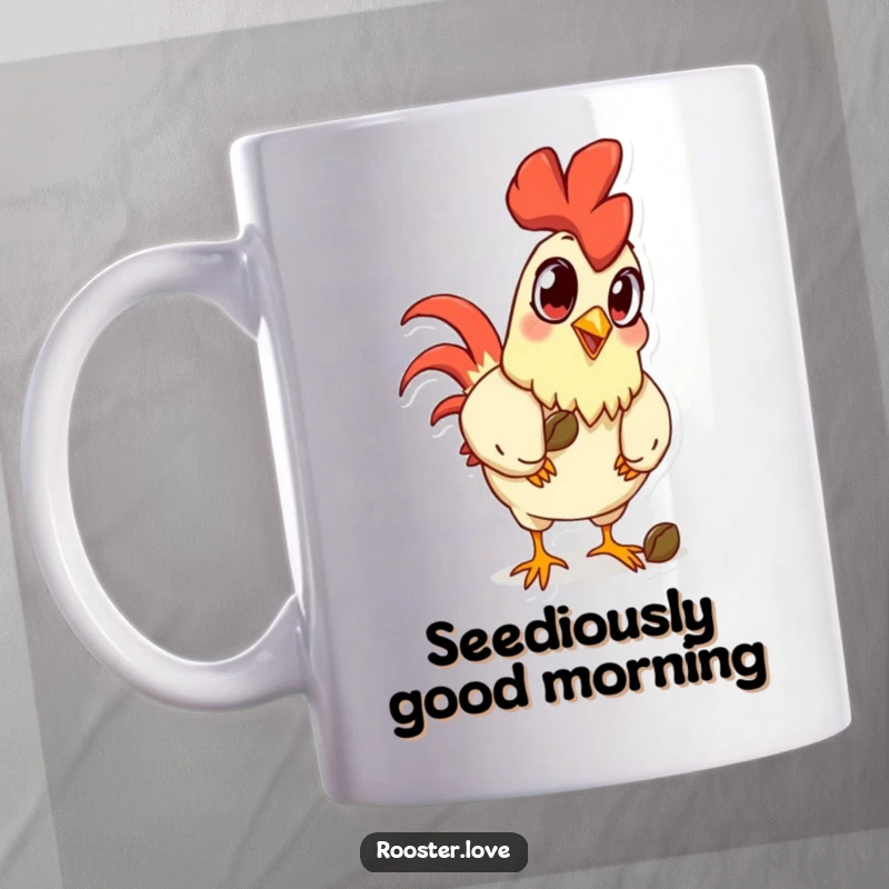 Funny cartoon rooster with huge, exaggerated eyes, pecking at a seed, symbolizing morning humor and a great gift.