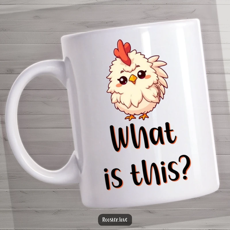 Funny fluffy rooster tilting its head inquisitively, with one eyebrow raised, captured on a mug.