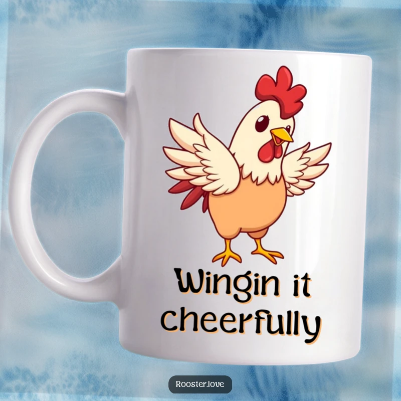 Funny rooster character joyfully flapping its wings with a happy glint in its eye, symbolizing pure delight.