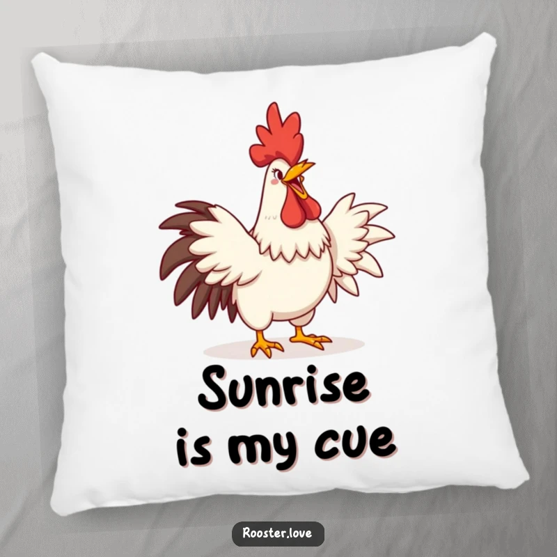 A soft, funny pillow featuring a rooster crowing with an exaggerated comedic grin and wide-stretched wings, perfect for decor.