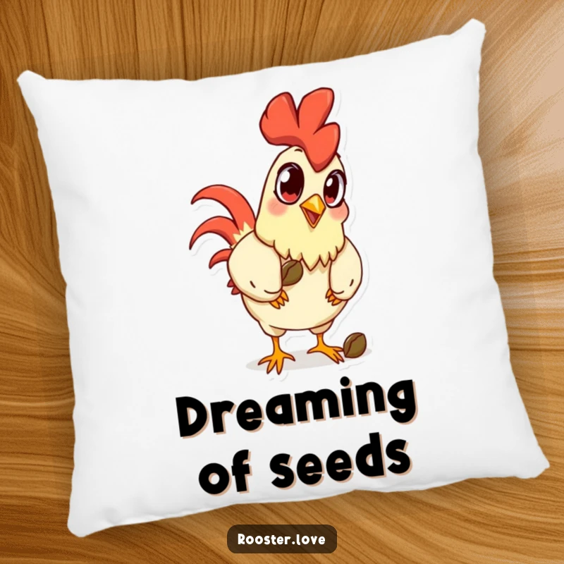 Funny cartoon rooster with exaggerated eyes pecking a seed, designed on a soft pillow for cozy and comical appeal.