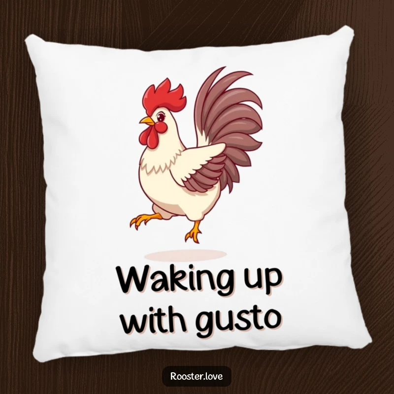 Funny Rooster Pillow, a rooster mid-leap with vibrant tail feathers spread wide, adding a touch of playful decor.