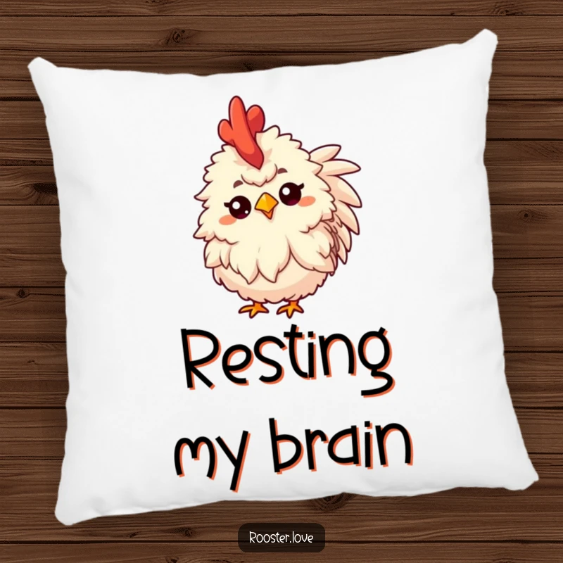 A soft, funny pillow featuring a fluffy rooster tilting its head inquisitively with a raised eyebrow, perfect for decor.