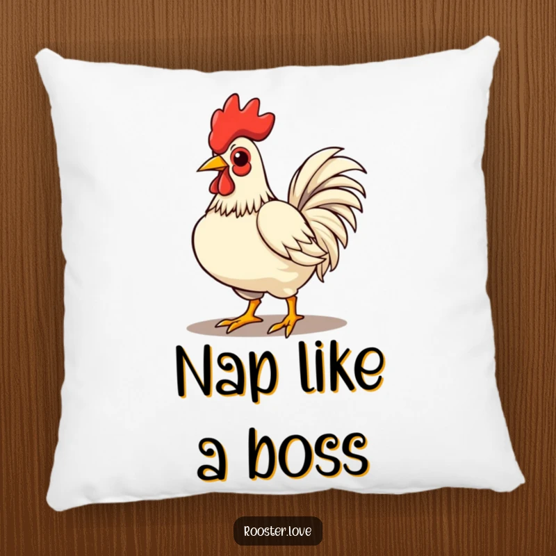Funny rooster character strutting with chest puffed out, designed on a soft pillow for cozy and confident decor.