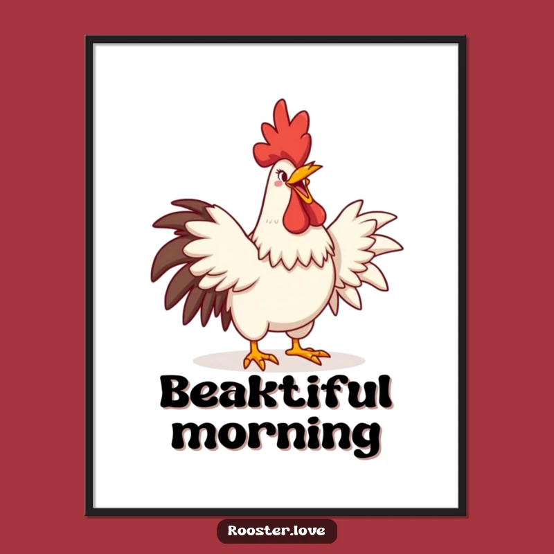 Funny Rooster Crowing Digital Art: Comedic Grin Print, Exaggerated Wings, Unique Funny Gift