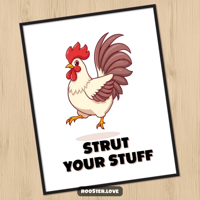 Funny Rooster Digital Art Print, a rooster mid-leap with vibrant tail feathers spread wide, conveying power and joy.