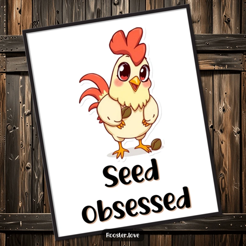 Funny cartoon rooster with exaggerated eyes pecking a seed, presented as humorous digital art for immediate wall decoration.