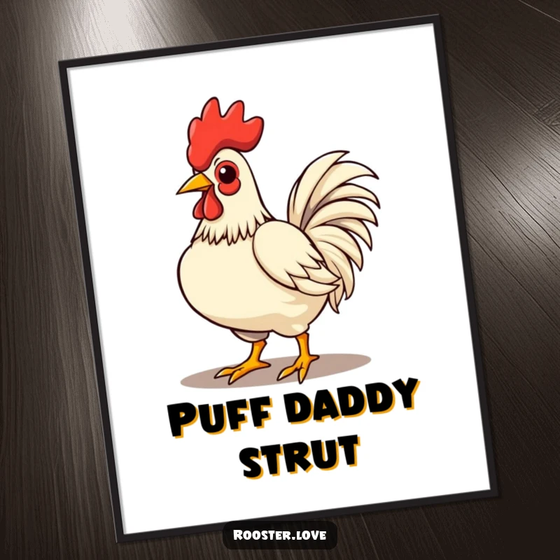 Funny rooster character strutting with chest puffed out, presented as bold digital art for immediate confident decoration.