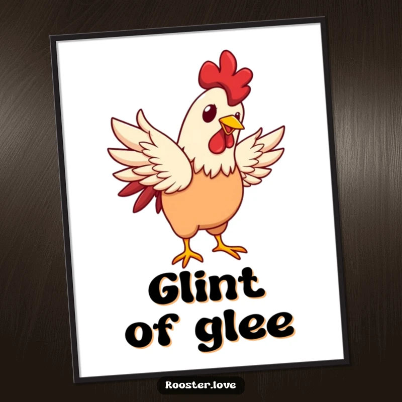 Funny rooster character flapping wings with a happy glint, presented as joyful digital art for immediate cheerful decoration.