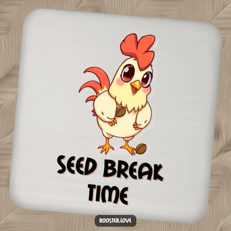 Funny cartoon rooster with exaggerated eyes pecking a seed on a drink coaster, adding humorous protection to any table.