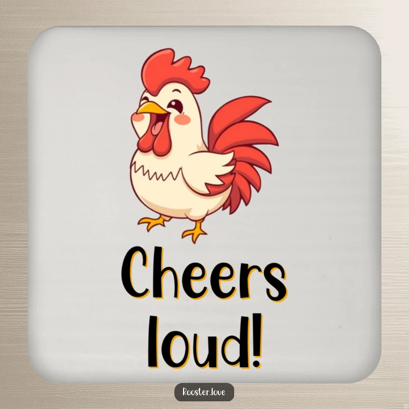Funny rooster character letting out a joyful, wide-open beak squawk on a drink coaster, adding loud charm to any surface.
