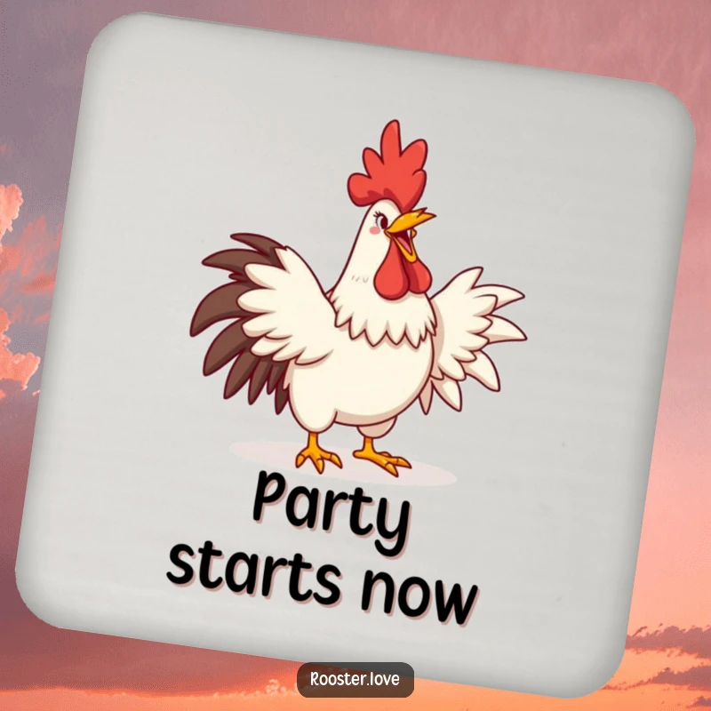 Set of funny coasters featuring a rooster crowing with an exaggerated comedic grin and stretched wings, designed for tables.