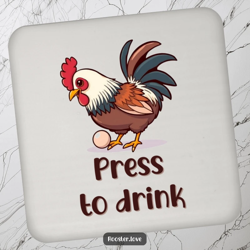 Set of funny coasters featuring a rooster playfully pecking at a shiny, oversized button, designed for tables.