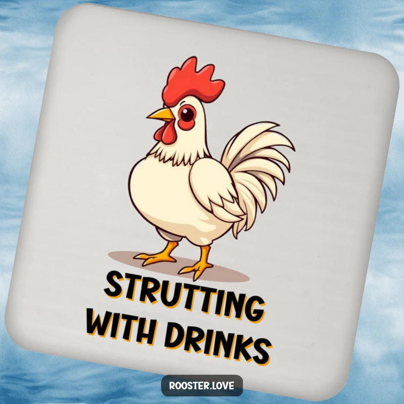 Funny rooster character strutting with chest puffed out on a drink coaster, adding bold charm to any surface.