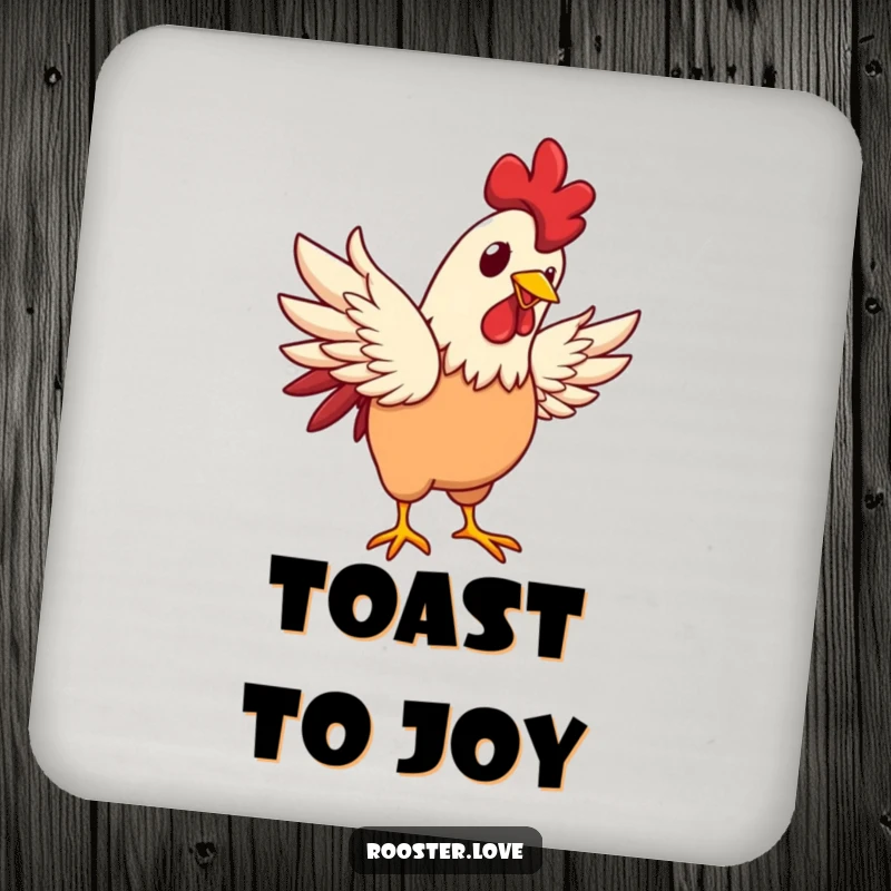 Funny rooster character flapping wings with a happy glint on a drink coaster, adding joyful charm to tabletops.