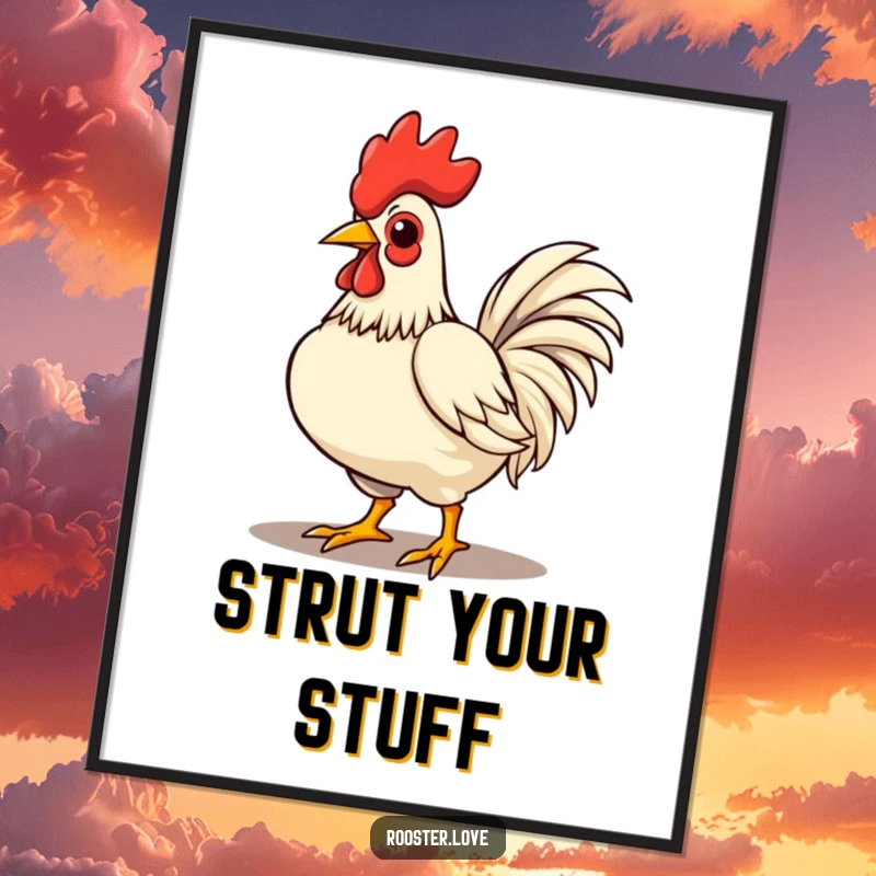 Funny rooster character proudly strutting with chest puffed out, presented as bold wall art for a confident atmosphere.