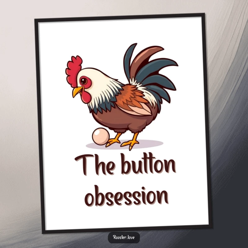 Funny poster of a rooster playfully pecking at a shiny, oversized button, suitable for wall art.
