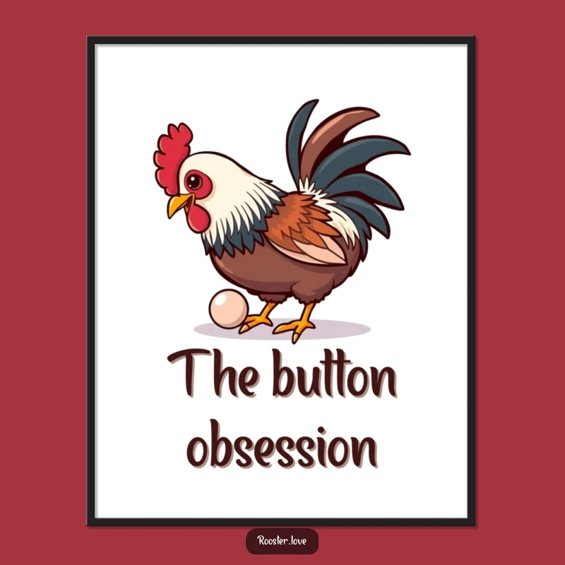 Funny Rooster Button Poster: Playful Pecking Rooster Art, Shiny Button, Hilarious Funny Gift Idea