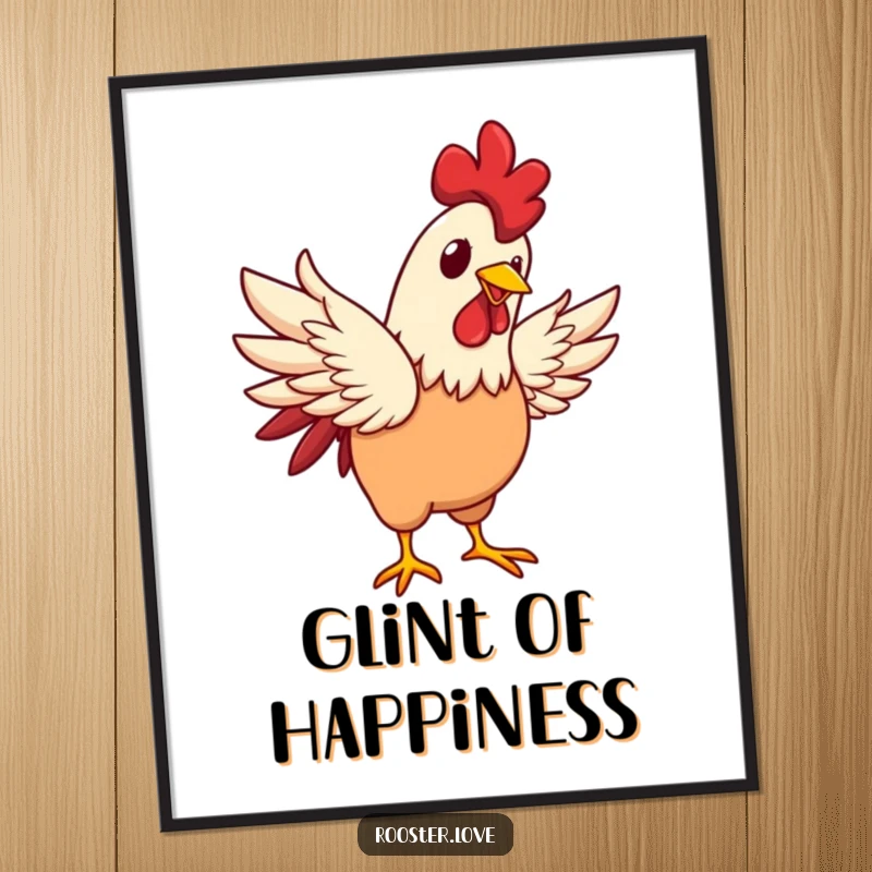 Funny rooster character flapping its wings with a happy glint, presented as joyful wall art for a cheerful atmosphere.
