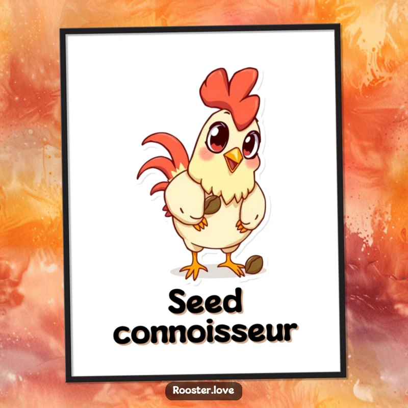 Funny cartoon rooster with exaggerated eyes, pecking a seed, presented as humorous wall art for any room.