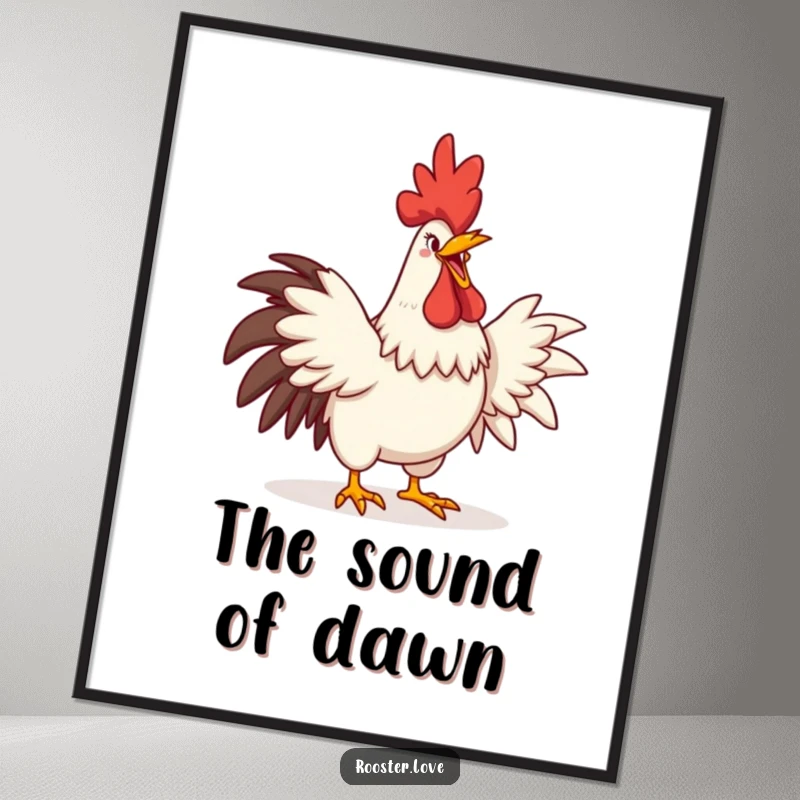 Funny poster of a rooster loudly crowing with a huge comedic grin and fully stretched wings, suitable for wall art.