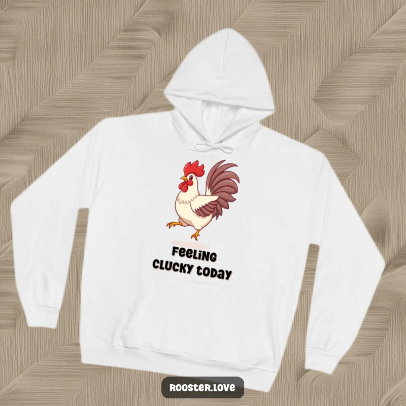 Funny Rooster Hoodie, a rooster mid-leap with vibrant tail feathers spread wide, exuding confidence and playful energy.