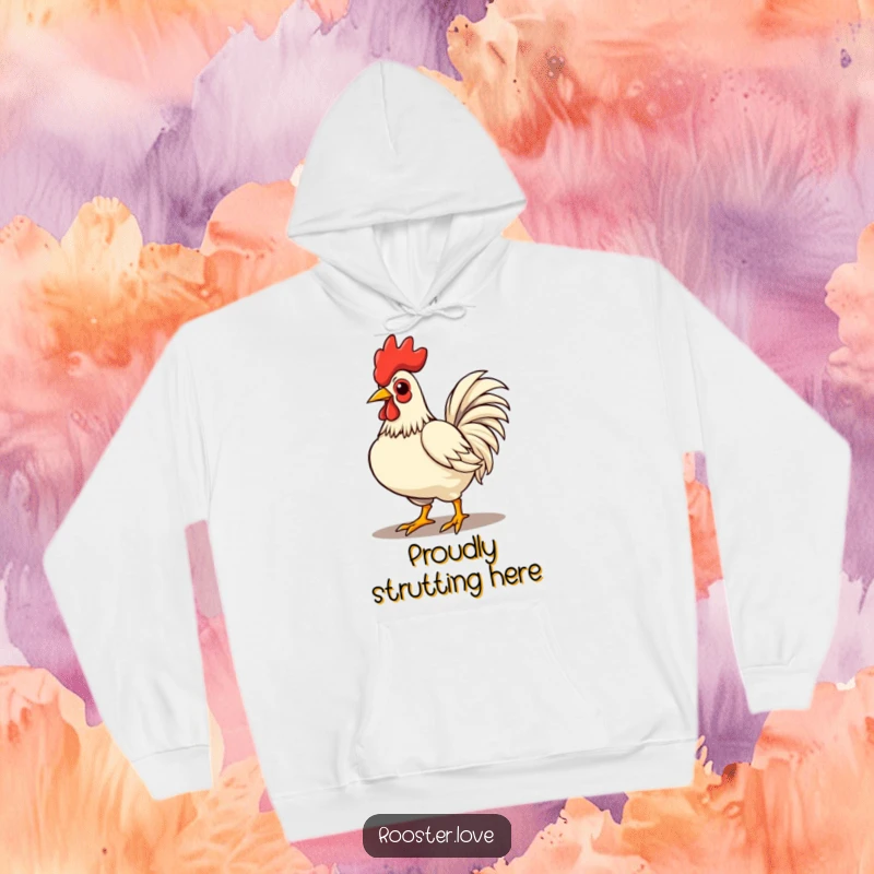 Funny rooster character proudly strutting with chest puffed out, featured on a cozy hoodie for confident wear.