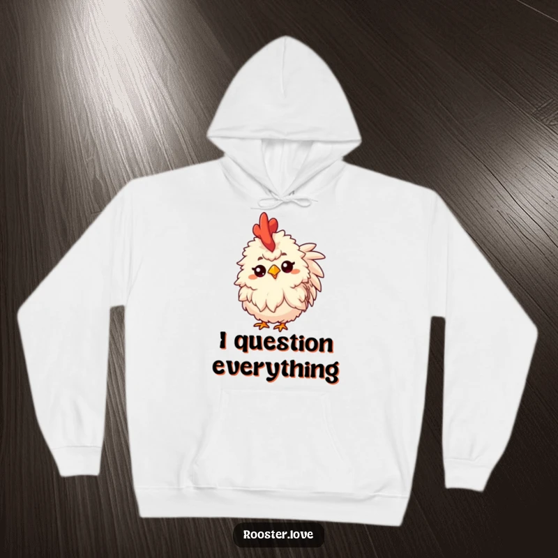 A comfortable, funny hoodie depicting a fluffy rooster tilting its head inquisitively with a raised eyebrow, ideal for cozy contemplation.