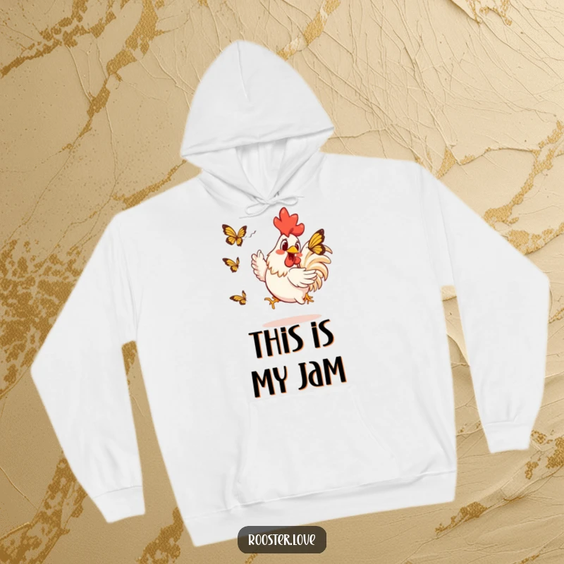 Funny Rooster Hoodie: An excited rooster is captured mid-chase after a butterfly, illustrating funny, pure avian exuberance and a wild pursuit.