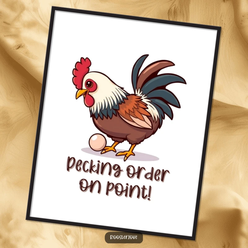 Funny Free Printable wall art of a rooster playfully pecking at a shiny, oversized button, adding whimsical decor.
