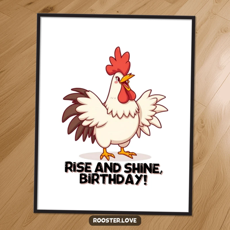 Funny Free Printable wall art of a rooster crowing with an exaggerated grin and outstretched wings, bringing morning cheer.