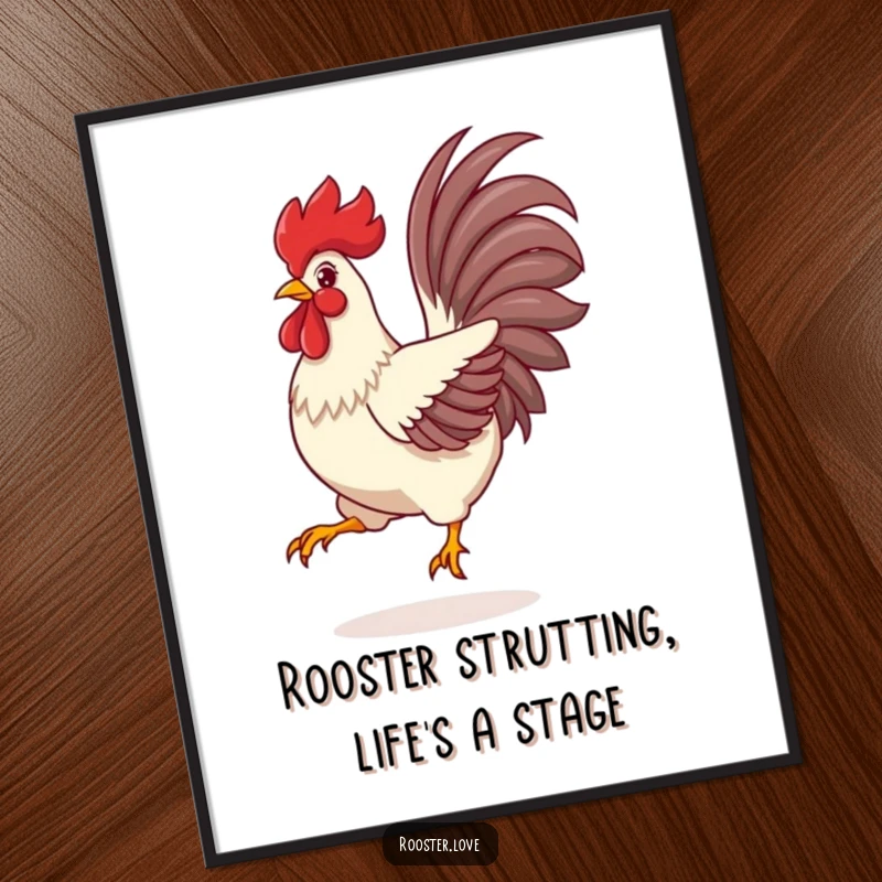 Funny free printable wall art depicting a rooster with its tail feathers spread wide in a magnificent leap.