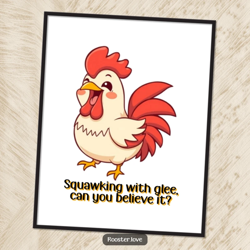 Funny Free Printable Wall Art: A rooster letting out a joyful squawk with its beak wide open, visually representing loud humor.