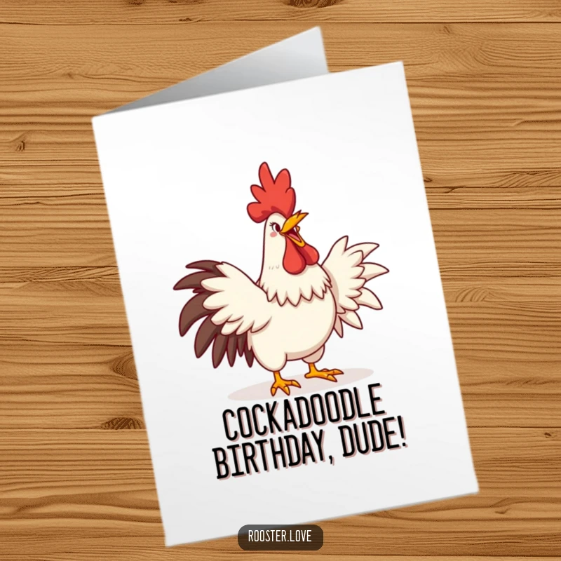 Funny Free Printable birthday card showing a rooster crowing with an exaggerated grin while stretching its wings enthusiastically.