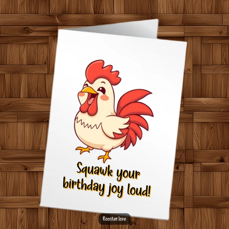 Funny Free Printable Birthday Card: A rooster squawking with a wide-open beak and joyful expression, perfect for loud birthday wishes.