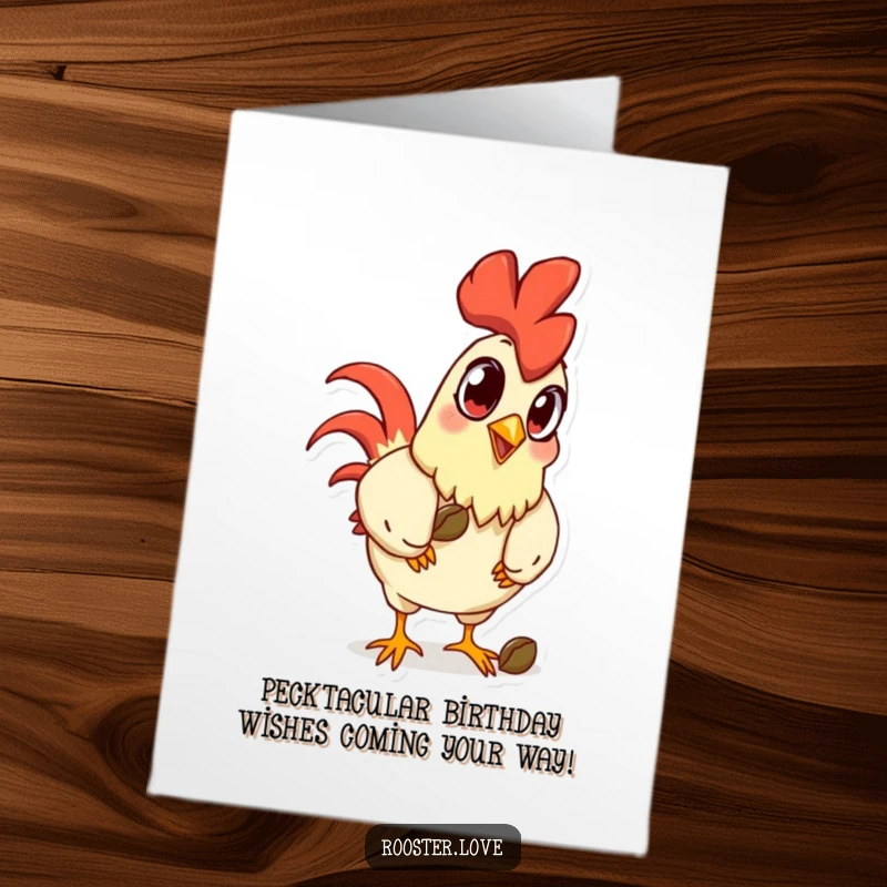 Funny Free Printable Birthday Card: A cartoon rooster with huge eyes intently pecking at a tiny seed, full of humor.