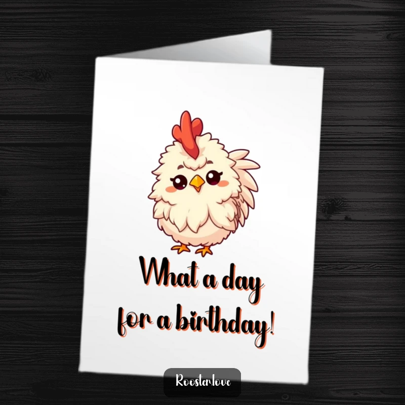 Funny Free Printable birthday card showing a fluffy rooster tilting its head with a raised eyebrow, looking very inquisitive.