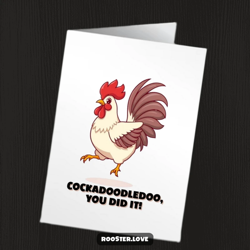 Funny free printable congratulations card featuring a rooster with an impressively spread tail, leaping to celebrate.