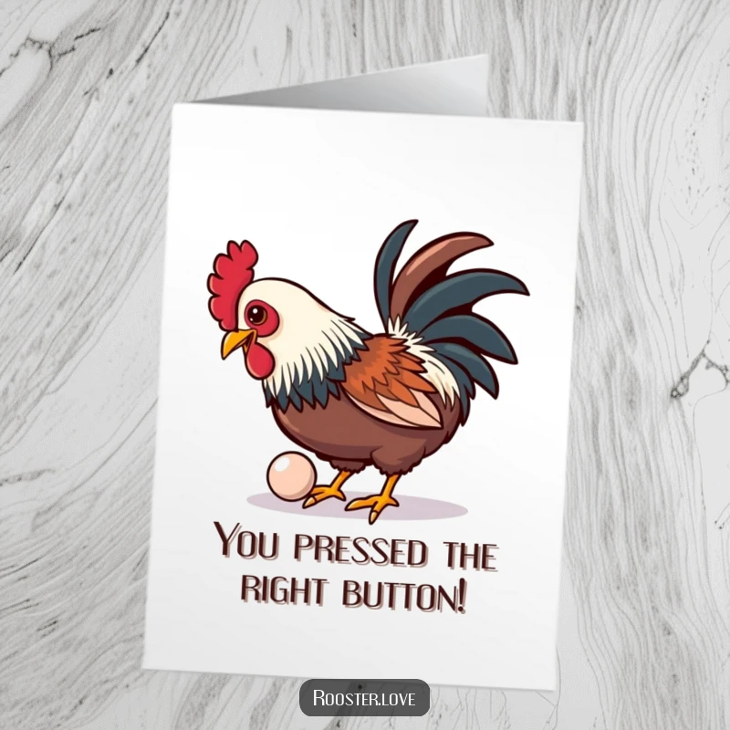 Funny Free Printable congratulations card of a rooster playfully pecking at a shiny, oversized button in celebration.